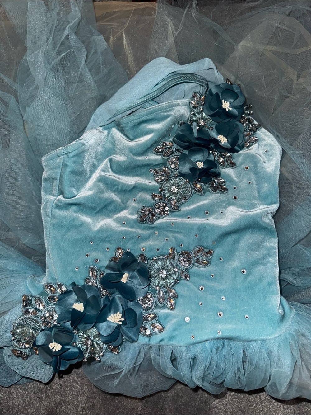 Weissman Light Blue Velvet Floral Appliqué Dance Costume and hair piece